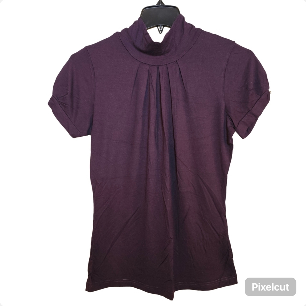 Purple stretch reverse knit rayon turtle neck short puff sleeve top size L US